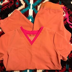 Figs Vibrant Orange Scrub Top with Bold Pink Accents